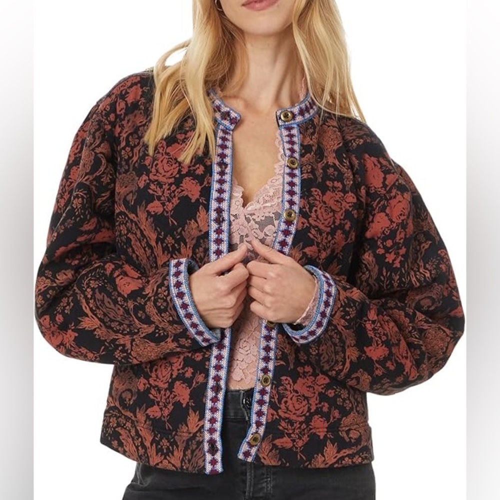 Free People Drifter Sweatshirt Jacquard Floral Button Jacket XS